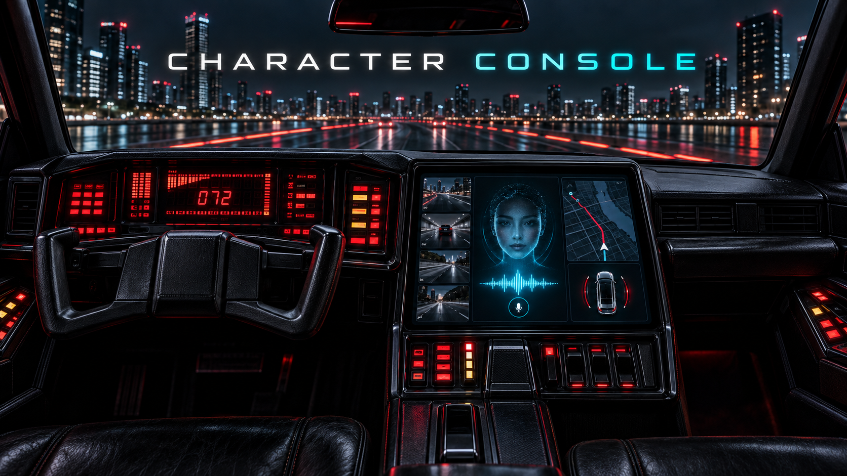 Character Console interface inside a Knight Rider-style 1982 Pontiac Trans Am cockpit